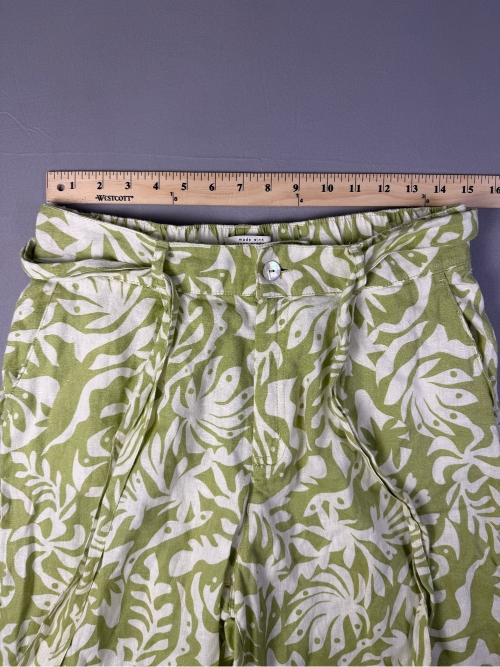 100% Linen Rachel Zoe Green and White Tropical Palm Print Wide-Leg Pants Size M - Picture 8 of 13